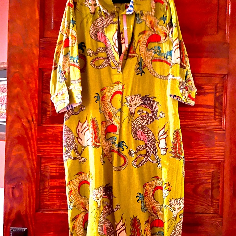 Great Linen Lime Green Dress with dragon print, boutique purchase